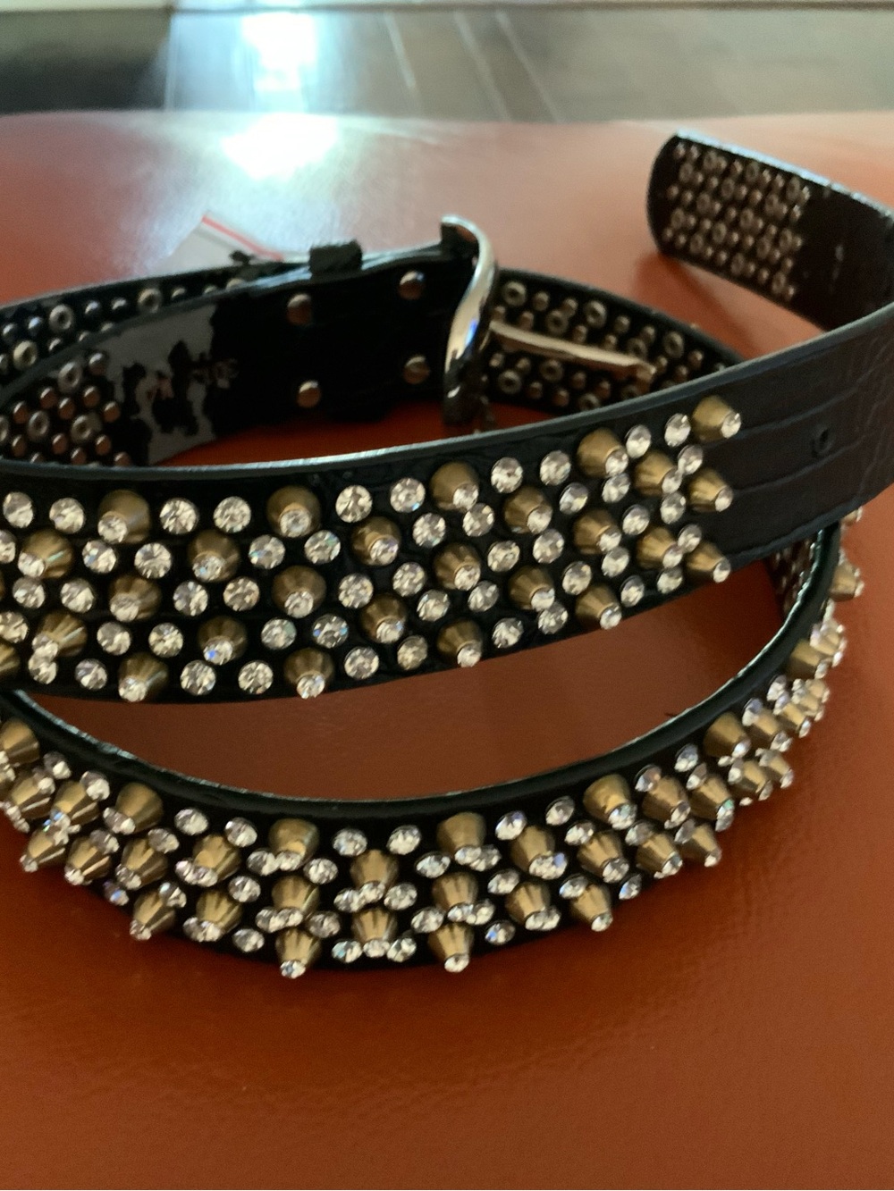 Black Studded Belt with Crystal and Gold-Tone Accents